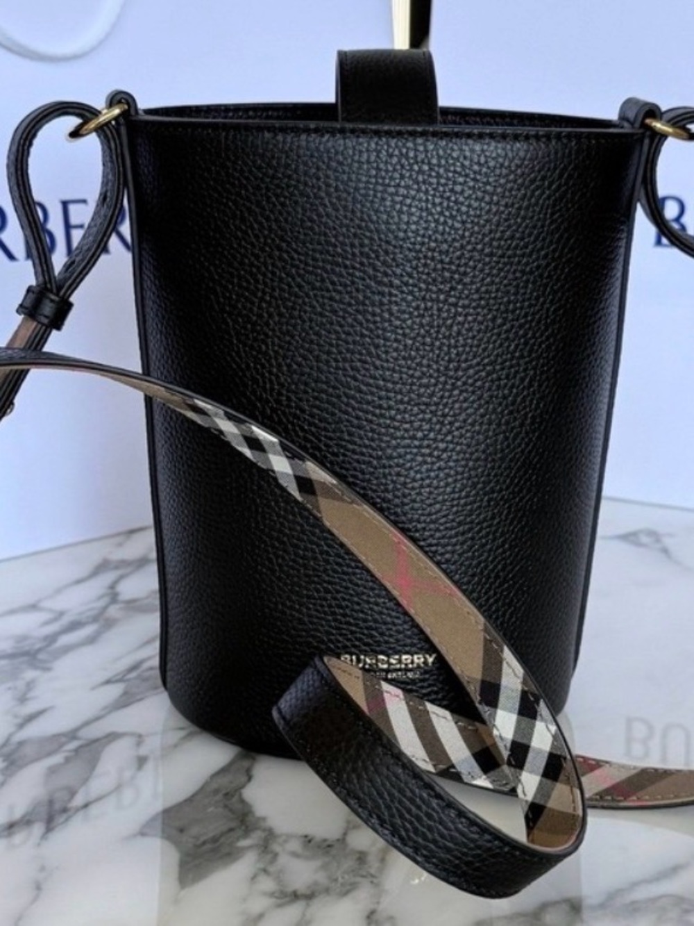 Burberry Black Pebbled Leather Bucket Bag with Check-Print Strap